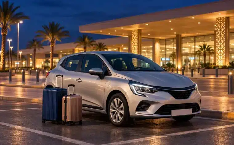 Illustration of a silver rental car and suitcases outside an illuminated airport terminal at night