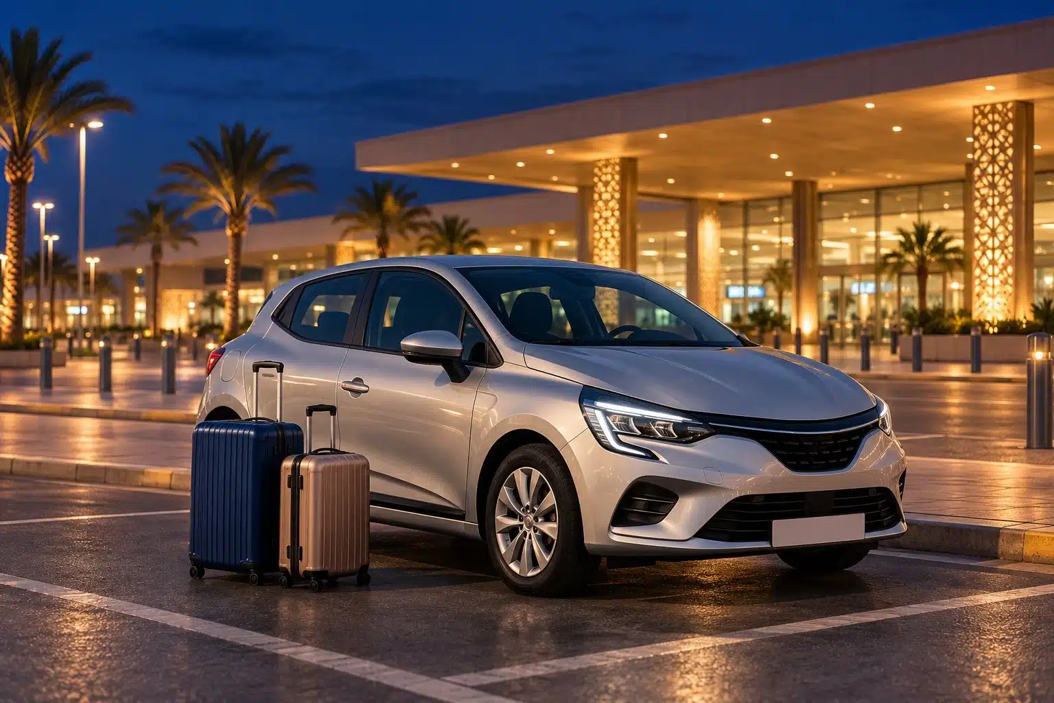 Agadir Airport Car Rental: Late-Night Arrival Guide 1 Illustration of a silver rental car and suitcases outside an illuminated airport terminal at night