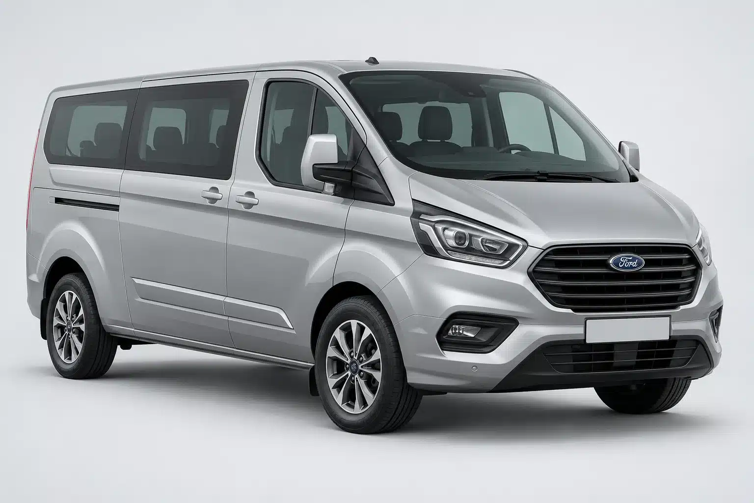 AI-generated illustration of a silver Ford Tourneo Custom passenger van, front three-quarter view